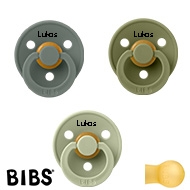 BIBS Colour Schnuller mit Namen, Gr. 2, 1 Pine, 1 Olive, 1 Sage, Rund Latex, (3er Pack)